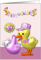 Invitations to baby shower, girl, cute duck with an adorable baby bear card