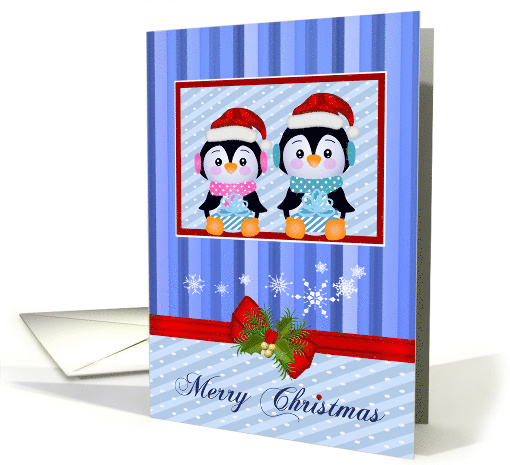 Christmas with Adorable Penguins Holding Presents in a Frame card