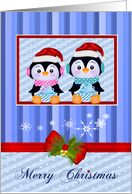 Christmas with Adorable Penguins Holding Presents in a Frame card