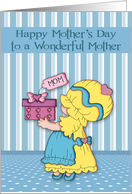 Mother’s Day to Mother, little girl holding a present for mom on blue card