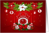 New Year’s 2025 Custom Year Card with a Red Clock and Poinsettias card