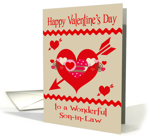 Valentine's Day to Son-in-Law, red, white and pink hearts, arrows card