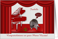 Congratulations on piano recital, custom name, raccoon taking a bow card