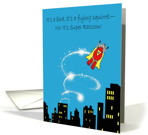 Birthday with a Superhero Raccoon Flying above City Buildings card