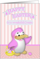 Easter to Cousin, cute penguin with a basket of decorated eggs card