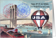 Birthday on the 4th Of July to Second Cousin, Brooklyn Bridge, balloon card