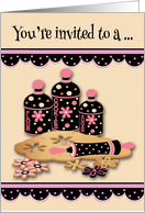 Invitations to Baking Party, cute flower cookie cut outs, polka dots card