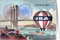 Invitations to 4th Of July Party, Brooklyn Bridge with hot air balloon card