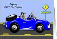 82nd Birthday Age Humor with a Raccoon Driving a Blue Classic Car card