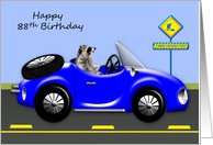 88th Birthday, age humor, adorable raccoon driving blue classic car card