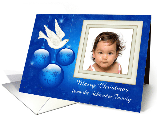 Christmas, custom photo card, beautiful ornaments with a dove card