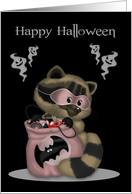 Halloween, general, Adorable raccoon with a pink mask and treat bag card