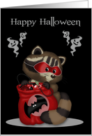 Halloween, general, adorable raccoon with a red mask and treat bag card