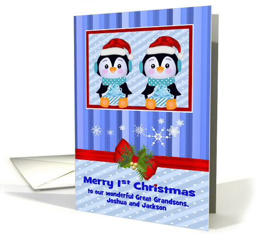 1st Christmas Custom Name and Relationship with Adorable Penguins card