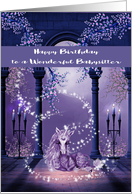 Birthday to Babysitter, beautiful ultra purple and white unicorn card