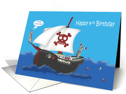 4th Birthday, pirate theme, raccoons on a ship with a cute parrot card