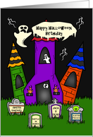Birthday on Halloween with a Spooky House and Humorous Tombstones card