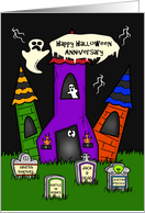 Anniversary on Halloween with a Spooky House and Humorous Tombstones card