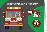 1st Birthday to Grandson Firefighter Theme with a Raccoon and Dog card