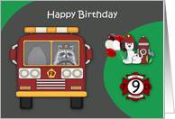 9th Birthday Firefighter Theme with an Adorable Raccoon and Dalmatian card