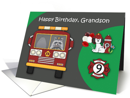 9th Birthday to Grandson Firefighter Theme with a Raccoon and Dog card
