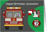 9th Birthday to Grandson Firefighter Theme with a Raccoon and Dog card