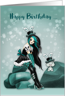 Steampunk Birthday with a Girl Sitting on a Rock and a Cute Bunny card