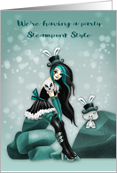 Invitation to Steampunk Party with a Girl and Bunny Sitting on a Rock card
