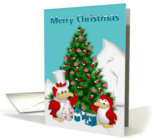Christmas with Cute Penguins and a Festive Decorated Tree card