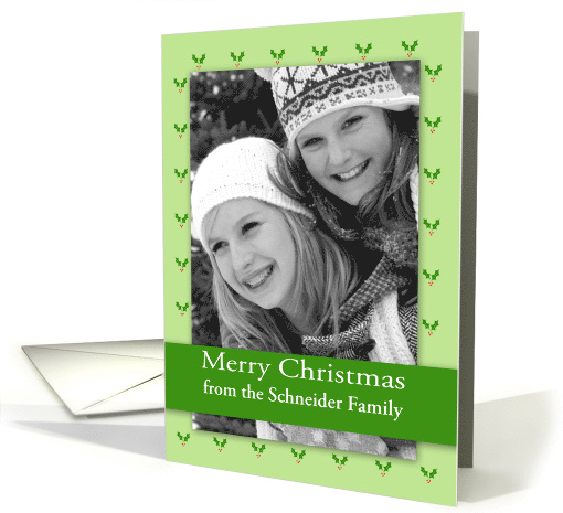 Christmas Photo Custom Name with Holly and Red Berries Pattern card