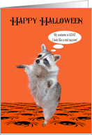 Halloween with a Raccoon Happy with his Costume on a Spider Pattern card