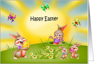 Easter with Bunnies Holding Decorated Eggs in a Flower Meadow card