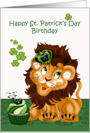 Birthday on St. Patrick’s Day with a Lion Wearing a Crown on Green card