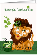 St. Patrick’s Day with a Lion Wearing a Crown on Green and Cupcake card