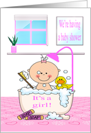 Invitation to Baby Shower It’s a Girl with a Baby Taking a Shower card