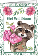 Get Well Soon with a Beautiful Raccoon Holding a Big Bunch of Flowers card