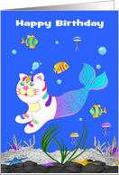 Birthday with a Cute Purrmaid Happily Swimming in the Ocean card