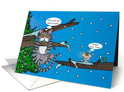 New Year with a Cat Hanging from a Tree and a Mouse Celebrating card