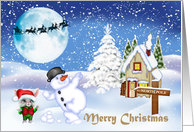 Christmas with an Adorable Cat and Snowman in a Winter Scene card