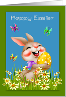 Easter with an Adorable Bunny Holding a Big Decorated Egg and Flowers card