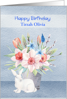 Birthday Custom Name with a Bunny In Front of a Beautiful Bouquet card