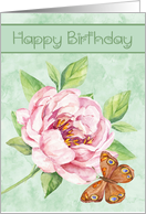 Birthday with a Beautiful Water Colored Pink Flower and Butterfly card