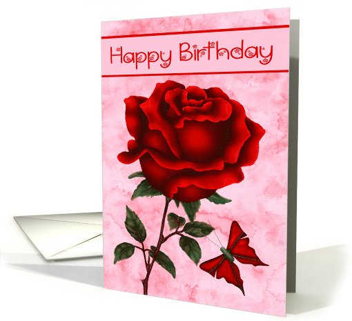 Birthday with a Beautiful Red Rose and a Butterfly in Flight card