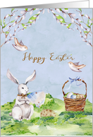 Easter with a Beautiful Bunny and Birds in Flight Among Flower Limbs card