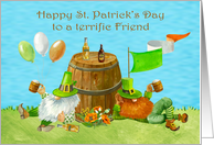 St. Patrick’s Day to Friend with Gnomes Relaxing Against a Big Keg card