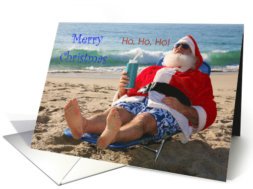 Christmas Beach Theme with Santa Claus Holding a Travel Cup card