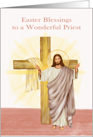 Easter Blessings to Priest with Jesus Holding up his Hands and a Cross card