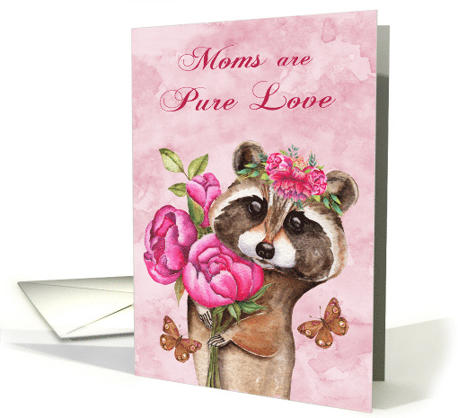 Mother's Day to Mom with a Beautiful Raccoon Holding Flowers card