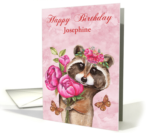 Birthday Custom Name with a Beautiful Raccoon Holding Flowers card