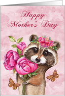Mother’s Day with a Beautiful Raccoon Holding Flowers and Butterflies card